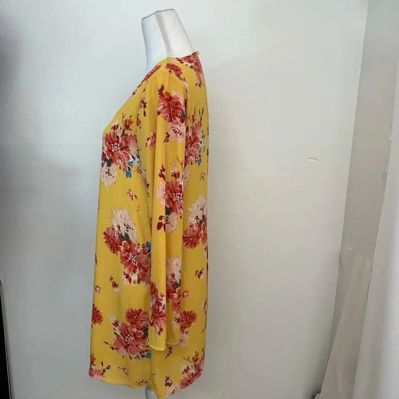 AUW Floral Short Dress Small Yellow Red Sheer Lined Long Bell Sleeve Key Hole - Picture 6 of 13